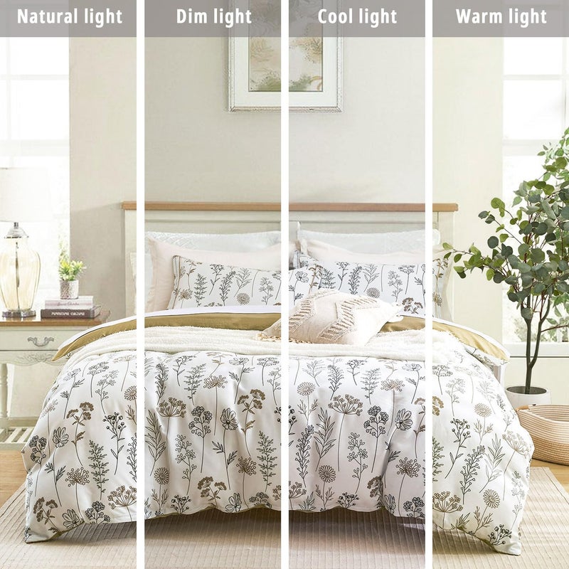 ALEISSEL White Botanical Cotton Comforter Queen Size - 3PC Lightweight Bedding Sets with Ultra-Soft Alternative Fill, Luxurious Pale Mustard Reversible Design (1 Comforter, 2 Pillowshams) - Image 5