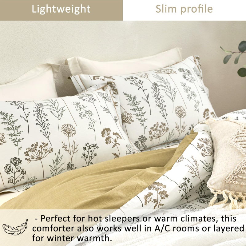ALEISSEL White Botanical Cotton Comforter Queen Size - 3PC Lightweight Bedding Sets with Ultra-Soft Alternative Fill, Luxurious Pale Mustard Reversible Design (1 Comforter, 2 Pillowshams) - Image 3