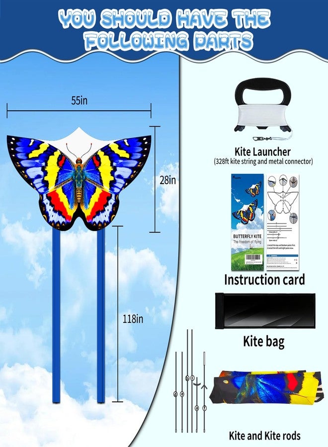 FejoHify Butterfly Kite Kids Adults Easy to Fly Assemble Ages 4-8 8-12 Single line String Handle 210t Ripstop Nylon Fabric Beach Park Outdoor Activities (Blue) - Image 2
