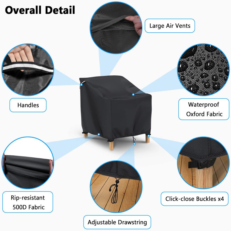 Gasadar Patio Chair Covers 2 Pack Waterproof for Outdoor Furniture, Heavy Duty 600D Patio Furniture Covers for Lounge Lawn Deep Seat 32" W x 37" D x 36" H, Black - Image 4