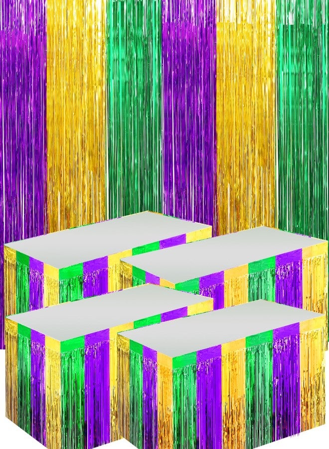 RGQSUN 4 Packs Mardi Gras Table Skirts & 2 Pack Mardi Gras Tinsel Curtains,29x108 Inch Metallic Foil Fringe Table Skirts for Carnival Mardi Gras New Orleans Masquerade Party - Image 1