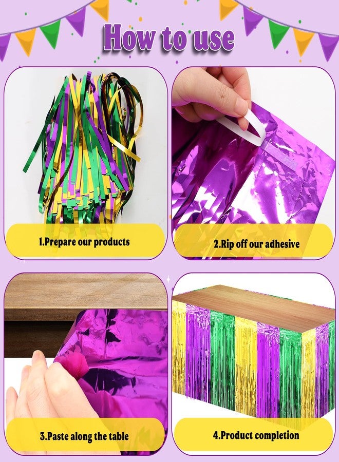 RGQSUN 4 Packs Mardi Gras Table Skirts & 2 Pack Mardi Gras Tinsel Curtains,29x108 Inch Metallic Foil Fringe Table Skirts for Carnival Mardi Gras New Orleans Masquerade Party - Image 4