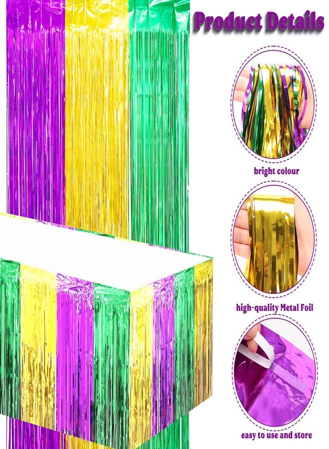 RGQSUN 4 Packs Mardi Gras Table Skirts & 2 Pack Mardi Gras Tinsel Curtains,29x108 Inch Metallic Foil Fringe Table Skirts for Carnival Mardi Gras New Orleans Masquerade Party - Image 3