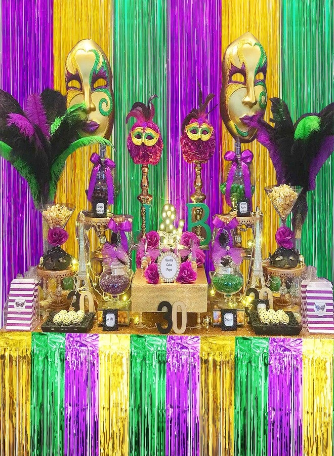 RGQSUN 4 Packs Mardi Gras Table Skirts & 2 Pack Mardi Gras Tinsel Curtains,29x108 Inch Metallic Foil Fringe Table Skirts for Carnival Mardi Gras New Orleans Masquerade Party - Image 5
