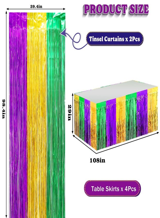 RGQSUN 4 Packs Mardi Gras Table Skirts & 2 Pack Mardi Gras Tinsel Curtains,29x108 Inch Metallic Foil Fringe Table Skirts for Carnival Mardi Gras New Orleans Masquerade Party - Image 2