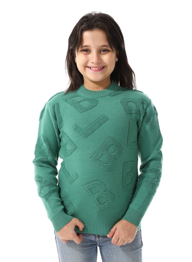 Andora Alphabet Ribbed Trims Round-Neck Pullover_Christmas Green - Image 1