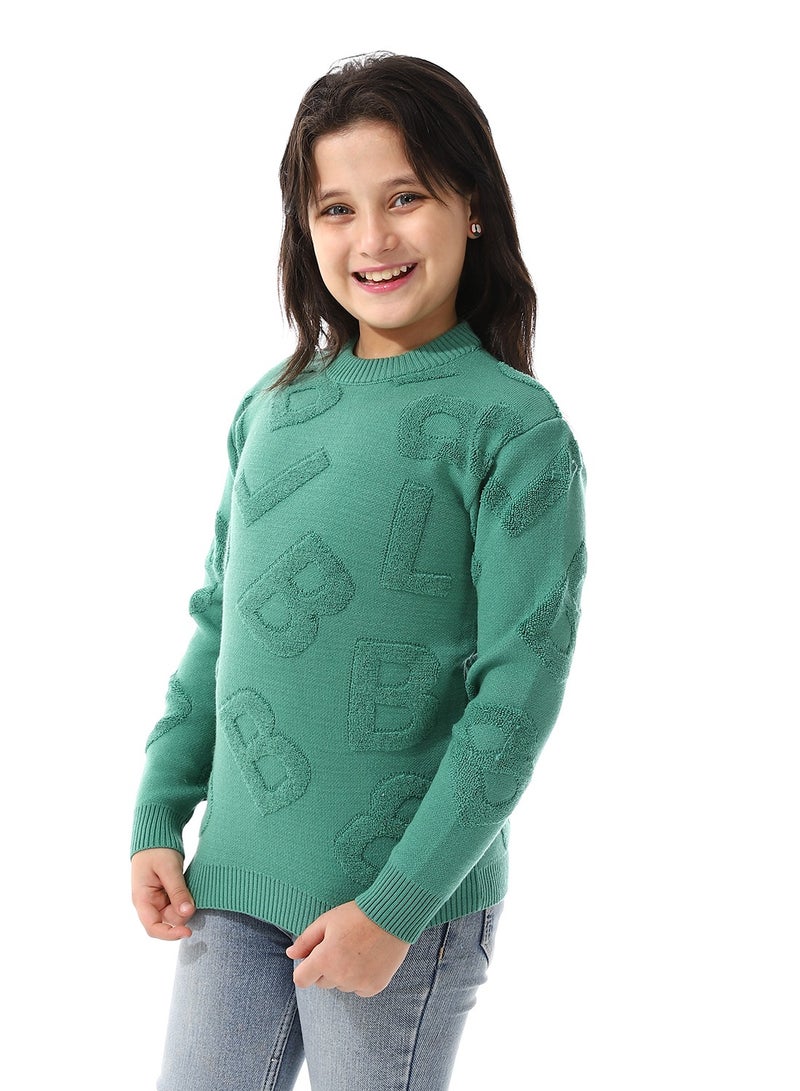Andora Alphabet Ribbed Trims Round-Neck Pullover_Christmas Green - Image 2