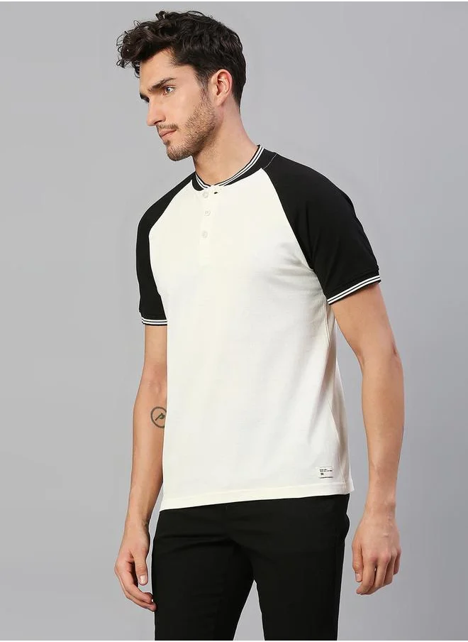 دينيس لينغو White Regular Fit T-shirt for Men - Cotton, Colourblocked, Polo Collar, Polo Neck, Half Sleeves, Knitted, Casual,