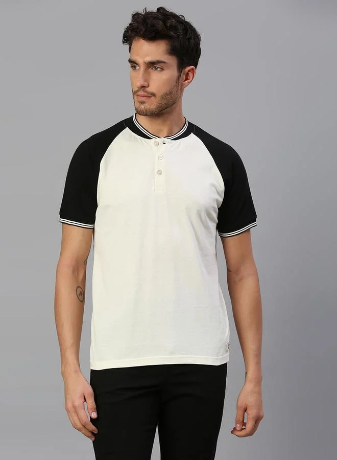 Dennis Lingo Men's White 100% Cotton Colourblocked Regular Fit T-Shirt