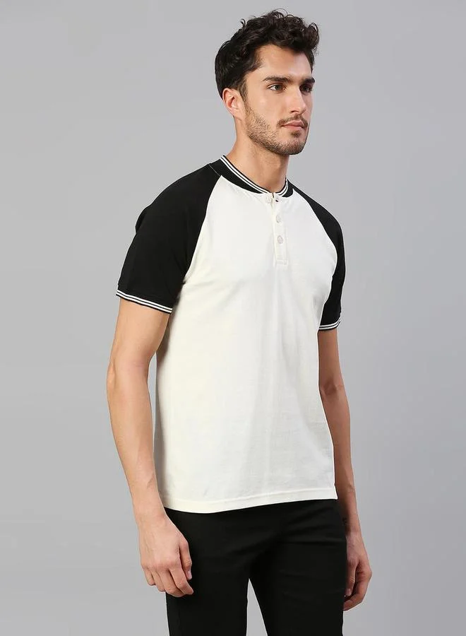 Dennis Lingo Men's White 100% Cotton Colourblocked Regular Fit T-Shirt