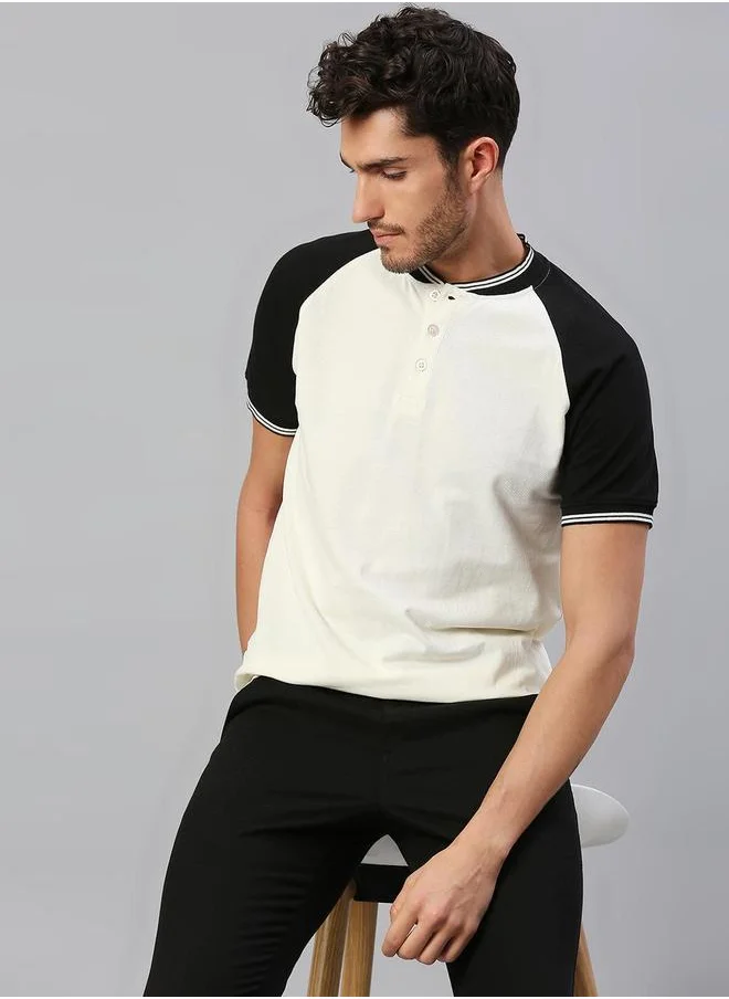 دينيس لينغو White Regular Fit T-shirt for Men - Cotton, Colourblocked, Polo Collar, Polo Neck, Half Sleeves, Knitted, Casual,