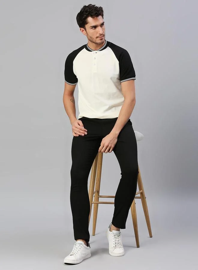 Dennis Lingo Men's White 100% Cotton Colourblocked Regular Fit T-Shirt