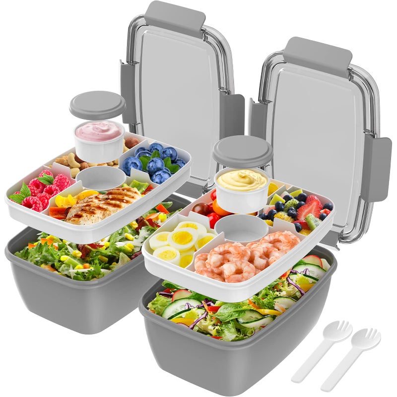 Cherrysea 2Pack Salad Lunch Container 68oz Salad Bowls with 4 Compartments TrayLeak Proof Lunch Box with Fork for MenWomen BPAFree Snack Container with Sauce Container for DressingsGrey