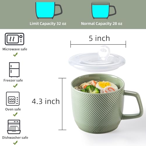 Adewnest Ceramic Soup Bowl with Lid & Handle: 32 oz Microwave Safe Food Container for Ramen Noodles Cereal Leftovers - Extra Large Mugs for Breakfast Lunch Picnic Camping - Green, Set of 1 - Image 2