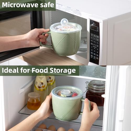 Adewnest Ceramic Soup Bowl with Lid & Handle: 32 oz Microwave Safe Food Container for Ramen Noodles Cereal Leftovers - Extra Large Mugs for Breakfast Lunch Picnic Camping - Green, Set of 1 - Image 4