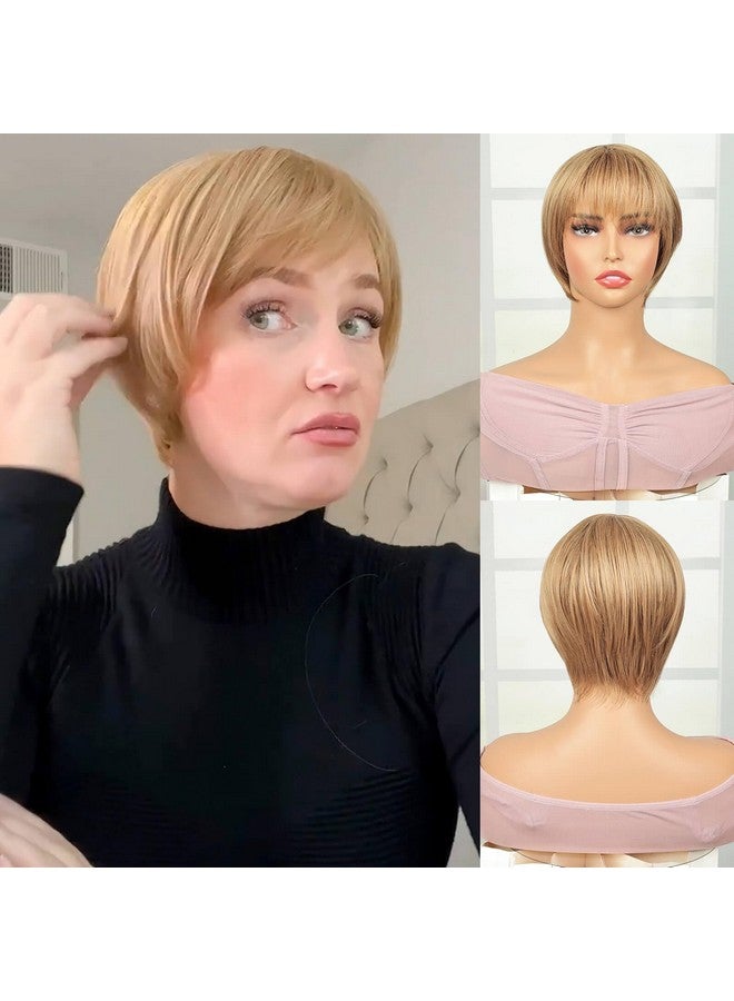 BECUS Short Pixie Cut Strawberry Blonde Wig with Bangs High Temperature Synthetic Silky Straight Realistic Wigs for Women with Wig Cap - Image 5