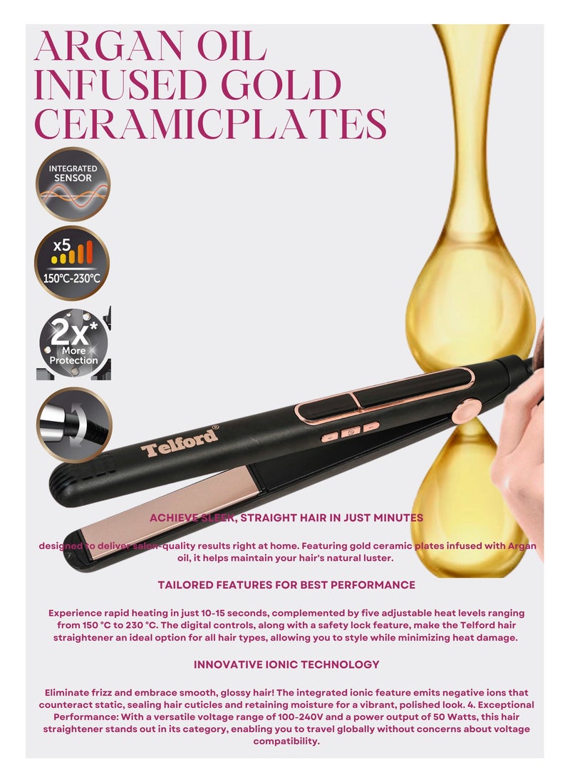 TELFORD - Professional hair straightener with argan oil infused gold ceramic plates - Image 1