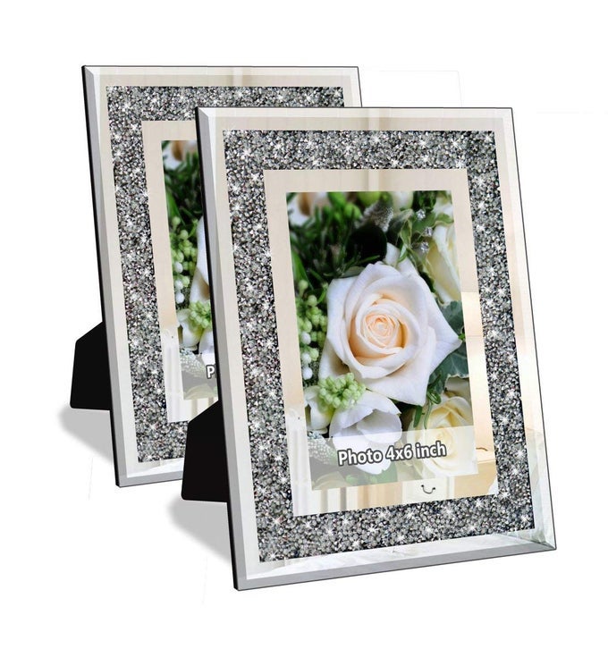 CRUSH DIAMOND MIRROR PHOTO FRAME IN BLING SPARKLE CRYSTAL SILVER GLASS FINISH FOR PICTURE SIZE 4X6 INCH PACK OF 2 PIECE TABLE TOP STAND FRAME WALL FRAME