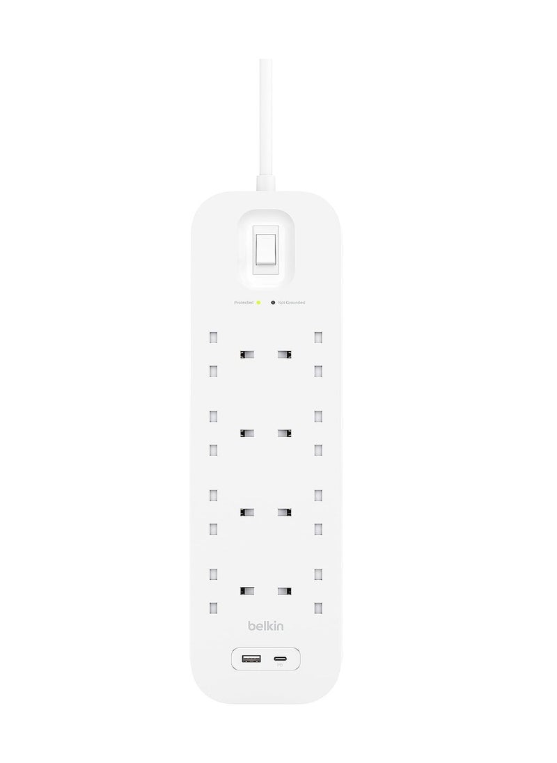 belkin 8-Outlet Surge Protector Power Strip, Wall-Mountable with 8 AC Outlets, 2M Power Cord, & Green Indicator Light - USB-C Port & USB-A Port With USB-C PD Fast Charging - 900 Joules of Protection  - Image 5