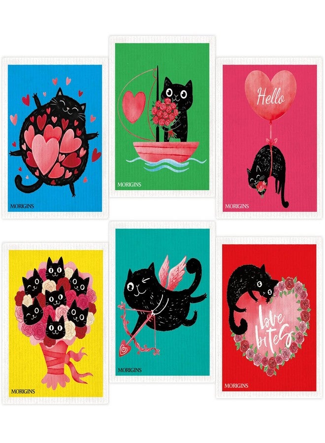 Morigins Cute Cat Series Swedish-Style Dishcloths Reusable Absorbent Towels for Valentine's Day Ideal for Kitchens, Bathrooms, and Countertop Cleaning Cellulose Sponge Cloths, 6-Piece Set, 7x8 - Image 1