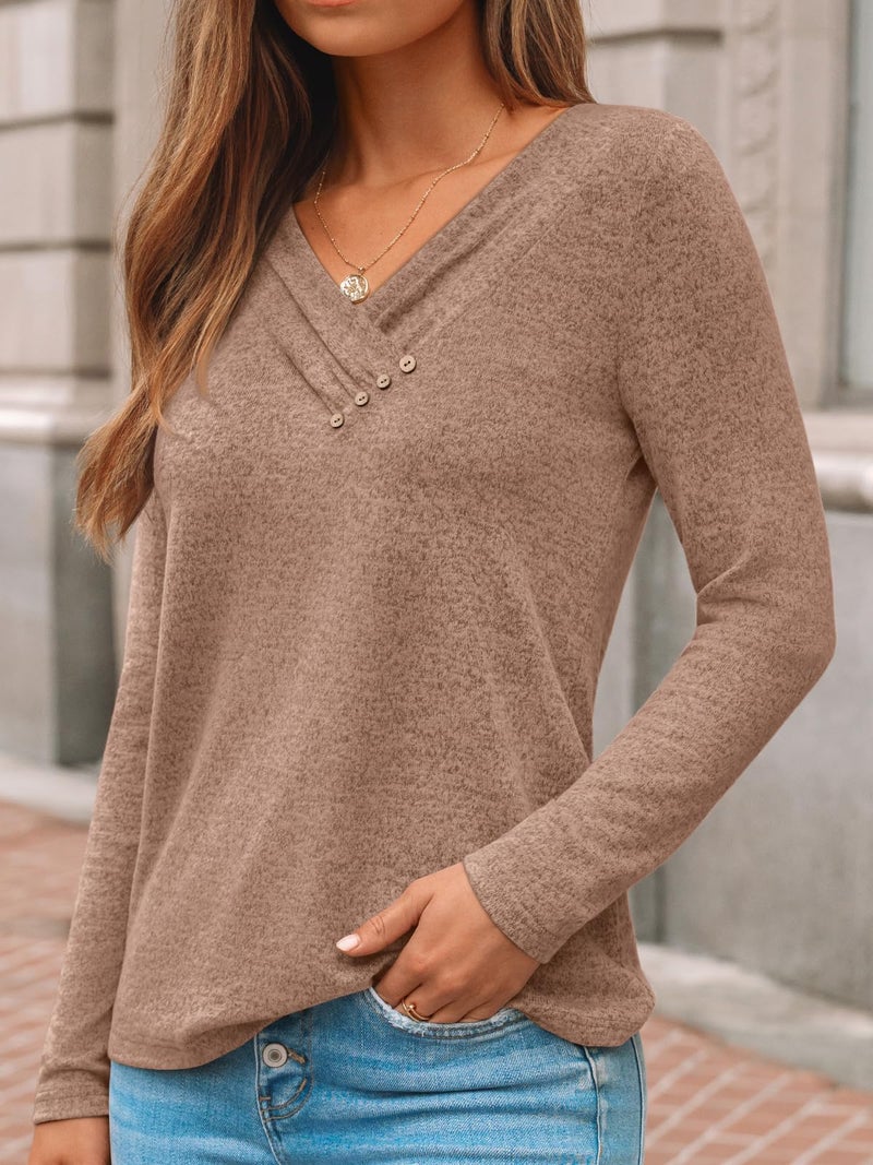 AUTOMET Womens Long Sleeve Tunic Top Lightweight Sweaters V Neck Button Shirts 2026 Dressy Casual Business Blouses Trendy Sweatshirt Fall Fashion Clothing Brown M - Image 3