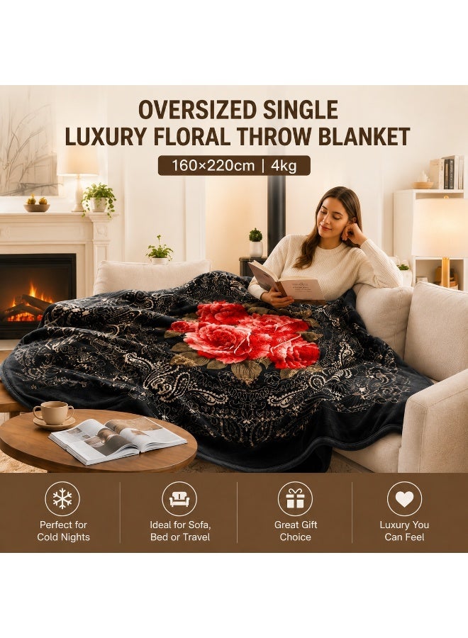 بلاكو بطانية مفردة فاخرة بنقشة زهور 160×220 سم دافئة وثقيلة من البوليستر الناعم للاستخدام على السرير والأريكة بوزن تقريبي 4 كجم - Image 1