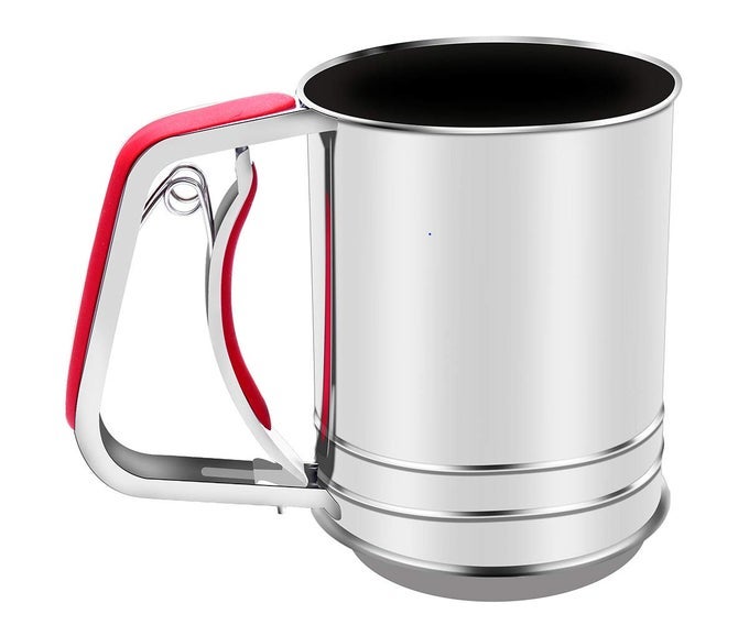 3CUP STAINLESS STEEL FLOUR SIFTERSQUEEZE SIFTER FOR BAKING WITH COMPATABLE SILICONE HANDLE RED