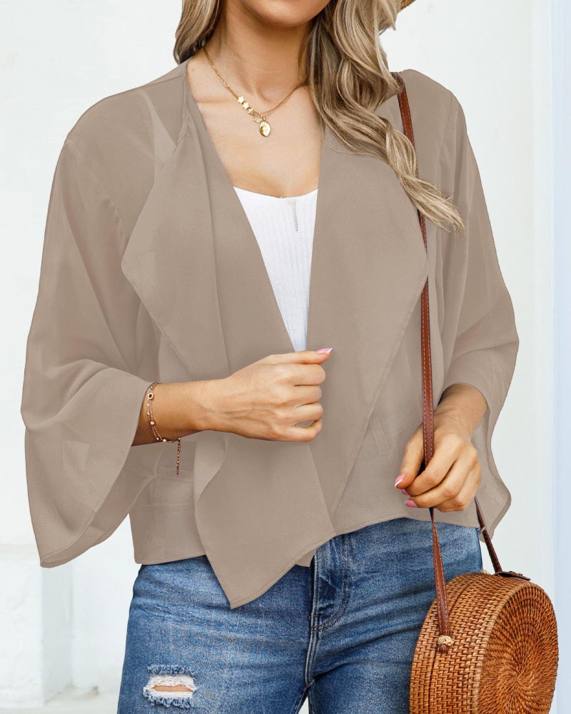 rosemia Women's 3/4 Sleeve Shrugs Cardigan Kimono Lightweight Mesh Jackets for Evening Dresses (LightKhaki,S) - Image 2