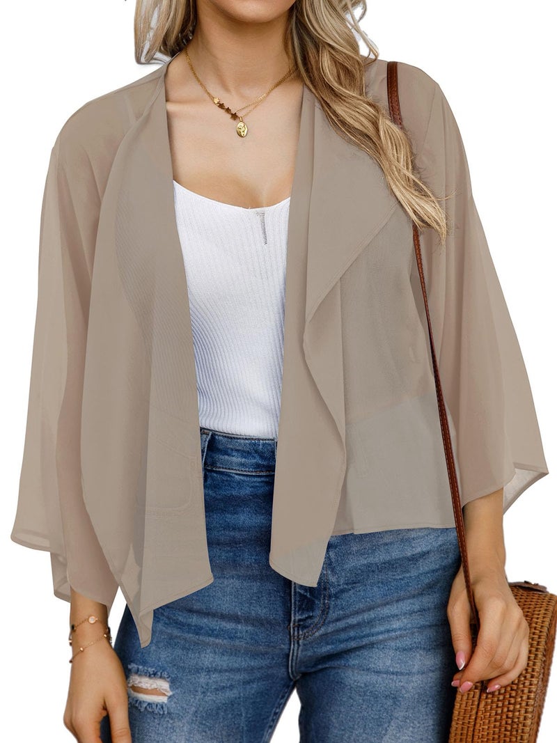 rosemia Women's 3/4 Sleeve Shrugs Cardigan Kimono Lightweight Mesh Jackets for Evening Dresses (LightKhaki,S) - Image 1
