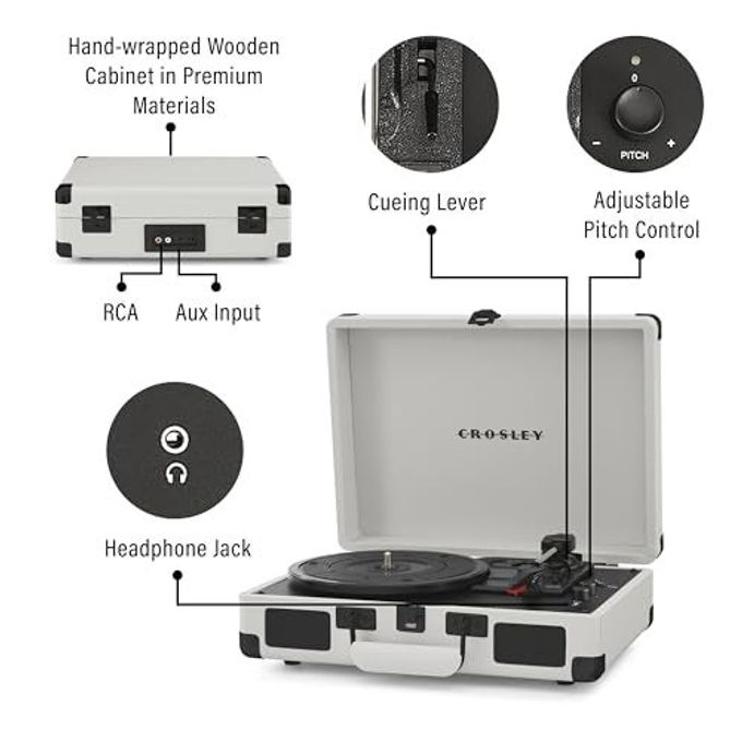 Crosley Cr8005Dp-Wf Cruiser Plus Vintage 3-Speed Bluetooth In/Out Suitcase Vinyl Record Player Turntable, White Farmhouse - Image 3