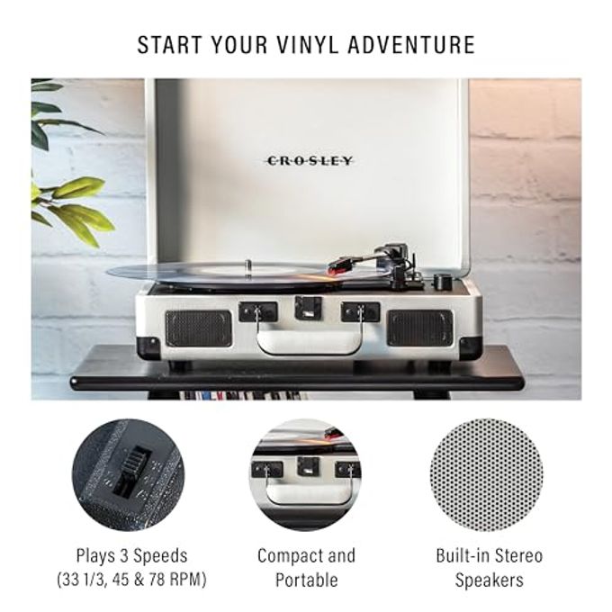 Crosley Cr8005Dp-Wf Cruiser Plus Vintage 3-Speed Bluetooth In/Out Suitcase Vinyl Record Player Turntable, White Farmhouse - Image 5