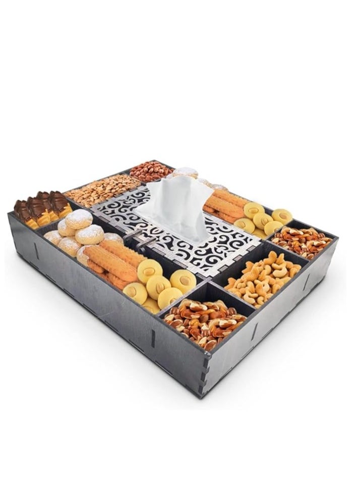 Generic Nut, Snack, Cake, and Filled Sweets Tray – 8 Compartments with MDF Compressed Wood Tissue Box - 6mm  - Image 1