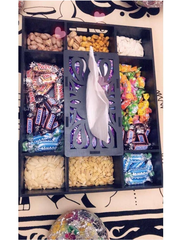 Generic Nut, Snack, Cake, and Filled Sweets Tray – 8 Compartments with MDF Compressed Wood Tissue Box - 6mm  - Image 3