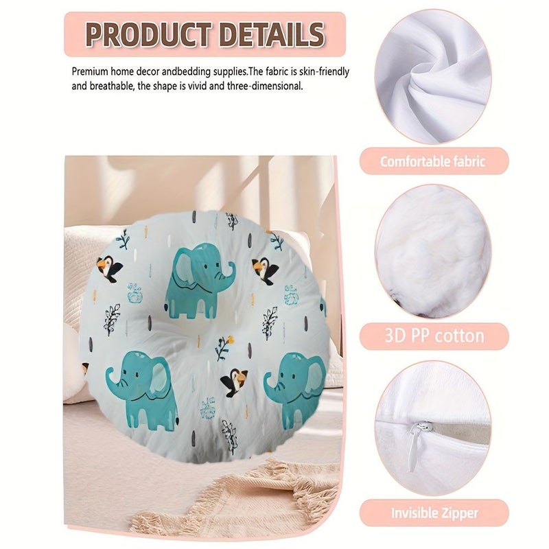 1pc Elephant Bird Animal Print Floor Pillow Soft Microfiber Round 16x16 Inch Multi Purpose Cushion For Living Room Bedroom Reading Nook Cozy Contemporary Home Decor Elephant Decor - Image 2