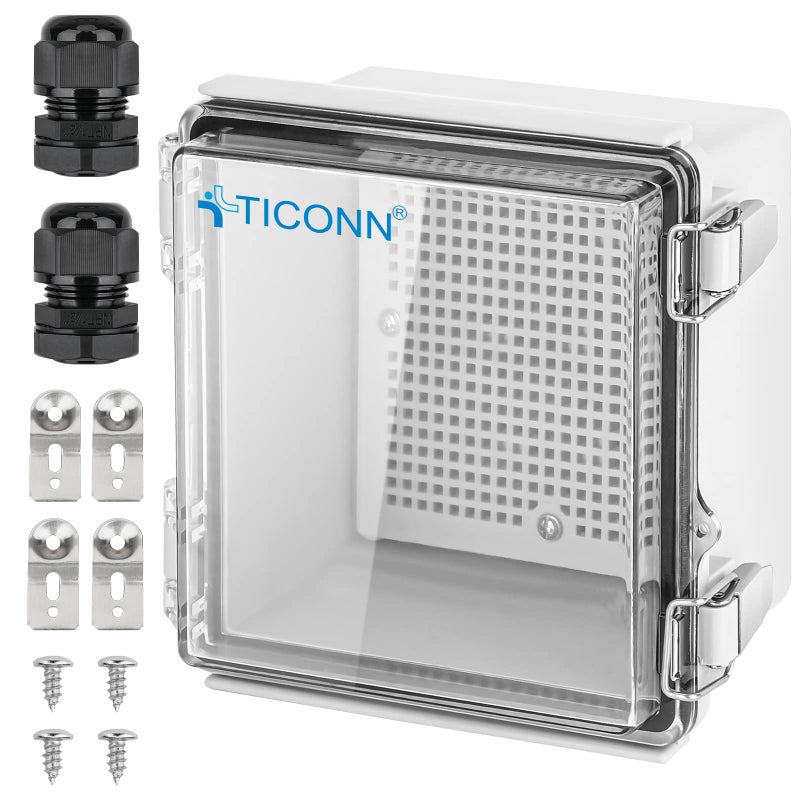 TICONN Waterproof Electrical Junction Box IP67 ABS Plastic Enclosure with Hinged Cover with Mounting Plate, Wall Brackets, Cable Glands (Clear, 5.9"x5.9"x3.5") - Image 1