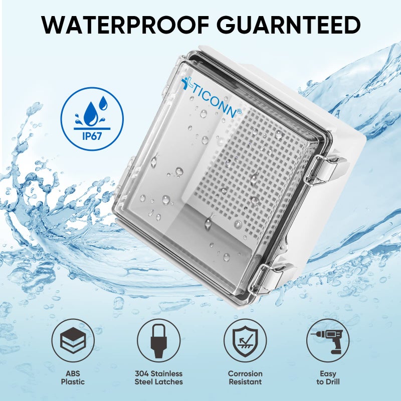 TICONN Waterproof Electrical Junction Box IP67 ABS Plastic Enclosure with Hinged Cover with Mounting Plate, Wall Brackets, Cable Glands (Clear, 5.9"x5.9"x3.5") - Image 2