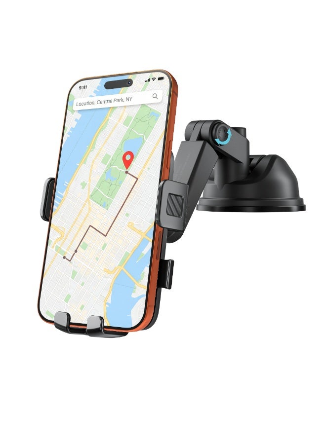 porodo Car Phone Holder with Multi Surface Mounting, Phone Mount with 360° Rotating Base, Adjustable Arm, Foldable Design, Strong Suction Base, One Click Lock & Release, One Handed Operation - Black - Image 3