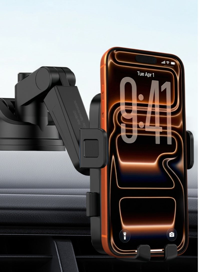 porodo Car Phone Holder with Multi Surface Mounting, Phone Mount with 360° Rotating Base, Adjustable Arm, Foldable Design, Strong Suction Base, One Click Lock & Release, One Handed Operation - Black - Image 2