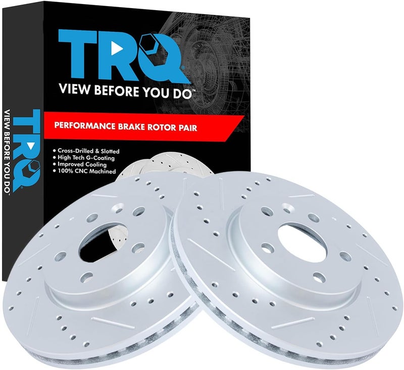 TRQ Front Brake Rotor Set G Coated Vented Drilled Slotted Compatible with 2017-2023 Chevrolet Bolt EV 2022-2023 Bolt EUV 2011-2019 Cruze 2016 Cruze Limited 2012-2020 Sonic 2016-2019 Volt - Image 1