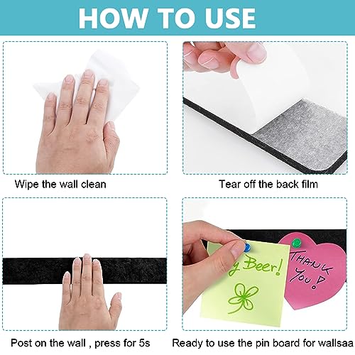Climberty® 5 Pack Felt Bulletin Board, Vision Board Felt Message Board with 35pcs Drawing Pins, Self-Adhesive Lightweight Bulletin Board Strips for Paste Notes, Photos, Schedules (Black) - Image 4