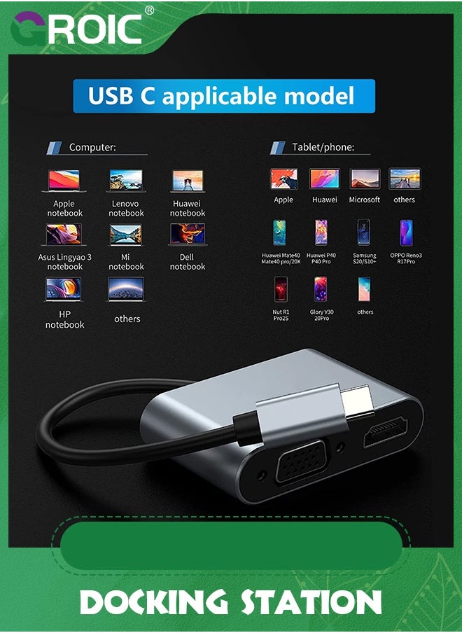 USB C to HDMI VGA Adapter, 2 in 1 USB 3.1 Type C to VGA HDMI 4K Video Converter Compatible with MacBook Pro/Air 2020 2019, iPad Pro, Surface, Gray