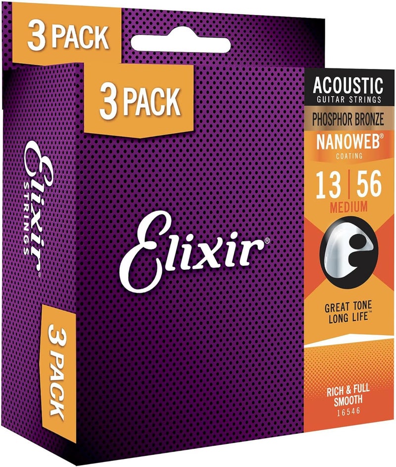 ELIXIR One piece build ® Strings 16546 Acoustic Phosphor Bronze Guitar Strings with NANOWEB® Coating, 3 Pack, Medium (.013-.056) Consistent steady quality - Image 1