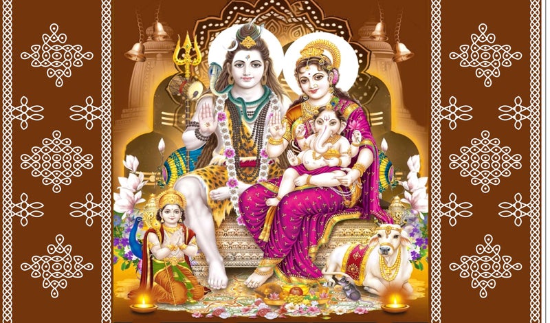 Backdropon Lord Shiv Parivar Design Backdrop Cloth for Pooja Decoration Traditional/Background Curtain for Festival Fabric Size 5Feet Height and 8Feet Width(5 * 8) - Image 1