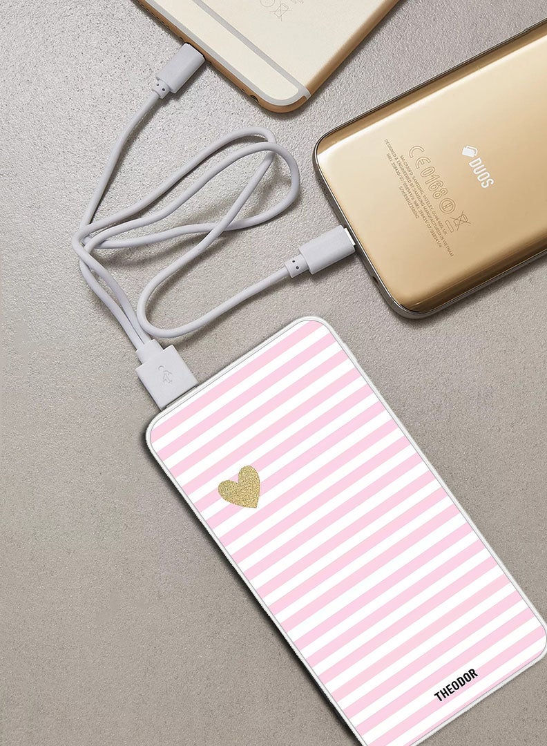 Theodor 10,000 mAh Super Fast Charging Ultra Compact Power Bank with Quick Charge & Power Delivery, Portable Charger For iPhone and Android Pink & White Lines & Golden Heart - Image 2
