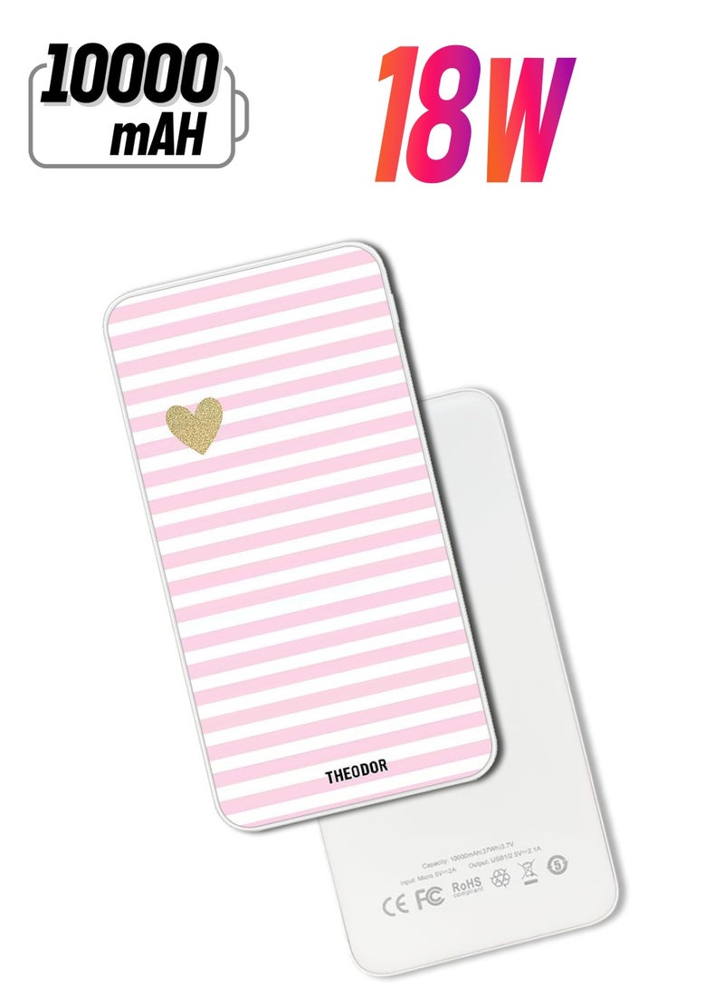 Theodor 10,000 mAh Super Fast Charging Ultra Compact Power Bank with Quick Charge & Power Delivery, Portable Charger For iPhone and Android Pink & White Lines & Golden Heart - Image 1
