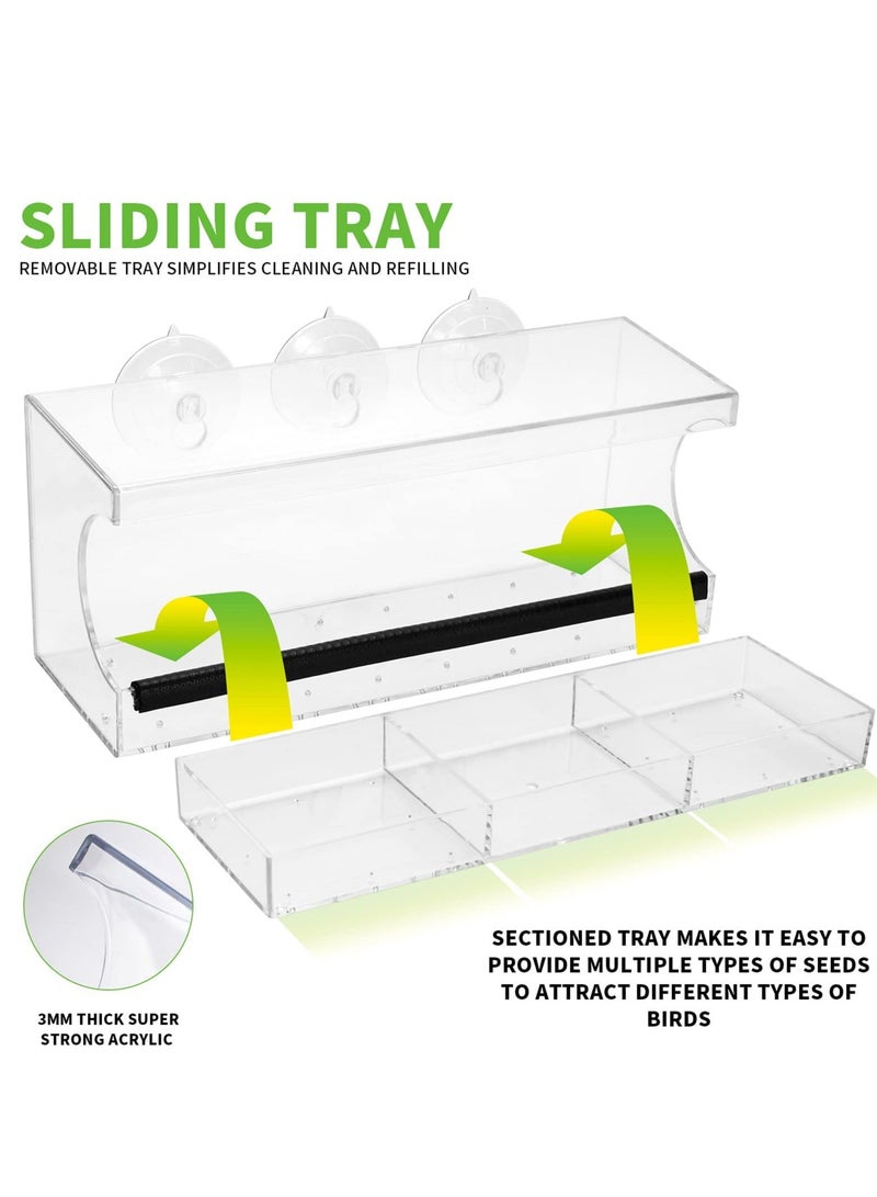 Clear Window Tray Bird Feeder, Squirrel Proof Window Weatherproof Outdoor Bird Feeders with 3 Section Tray and Roof Cover, Hangout Clear Bird House, Large Outside Hanging Birdhouse.