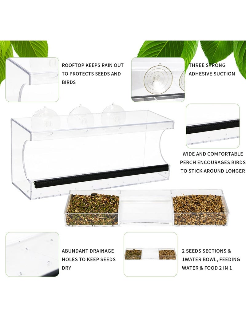 Clear Window Tray Bird Feeder, Squirrel Proof Window Weatherproof Outdoor Bird Feeders with 3 Section Tray and Roof Cover, Hangout Clear Bird House, Large Outside Hanging Birdhouse.