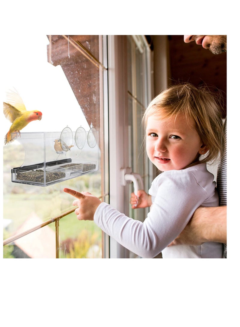 Clear Window Tray Bird Feeder, Squirrel Proof Window Weatherproof Outdoor Bird Feeders with 3 Section Tray and Roof Cover, Hangout Clear Bird House, Large Outside Hanging Birdhouse.