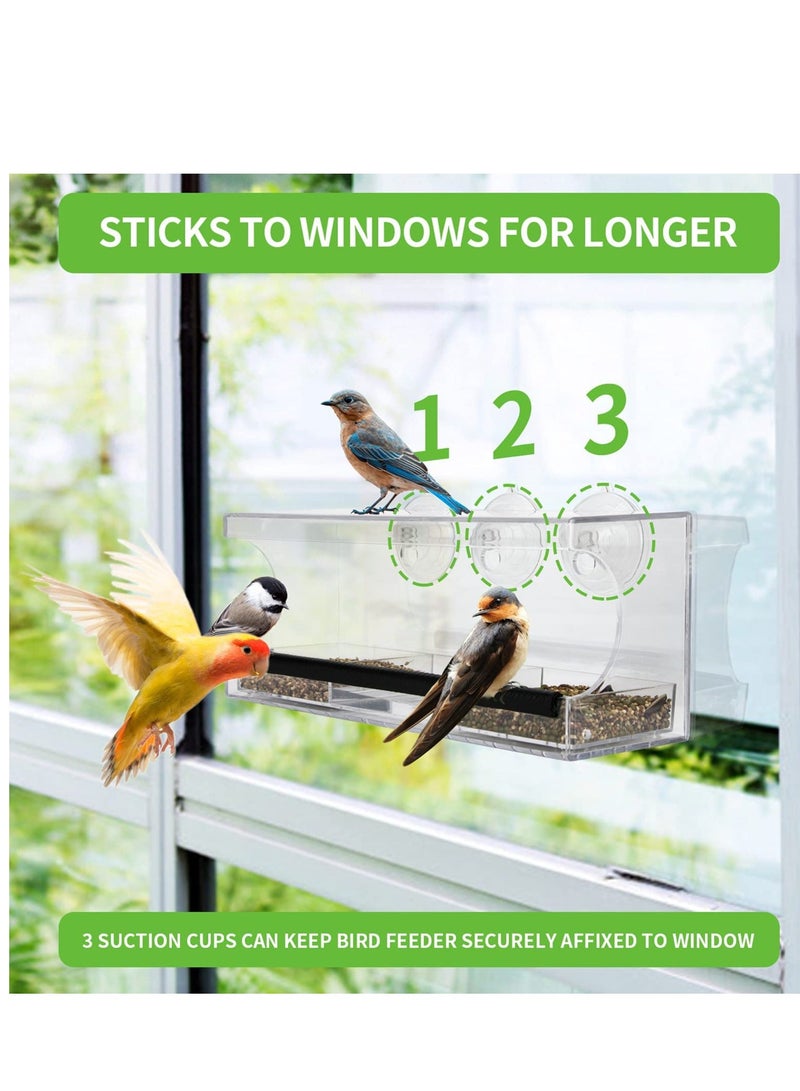 Clear Window Tray Bird Feeder, Squirrel Proof Window Weatherproof Outdoor Bird Feeders with 3 Section Tray and Roof Cover, Hangout Clear Bird House, Large Outside Hanging Birdhouse.