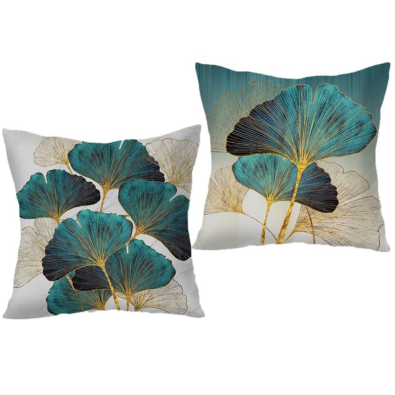 Throw Pillow Cover Green Plant Leaves  18 x 18 Inch Teal Gold Ginkgo Leaf Pillow Cushion Covers  Set of 2 Square Turquoise Cushion Case Great for Sofa Bedroom Chair Yard Living Room Decor